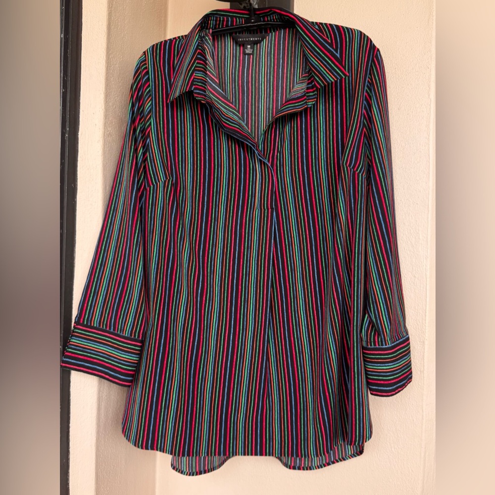 Investments Paige Blouse Black Multicolor Stripes Collared Popover 3/4 Sleeve M